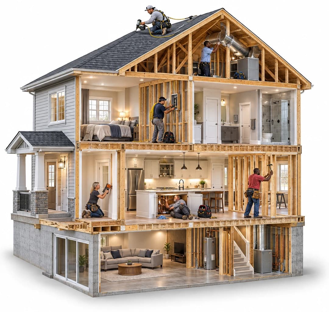 A house cut open to show a roofer, an HVAC technician, an electrician, a trim carpenter, a framer and a plumber at work inside it